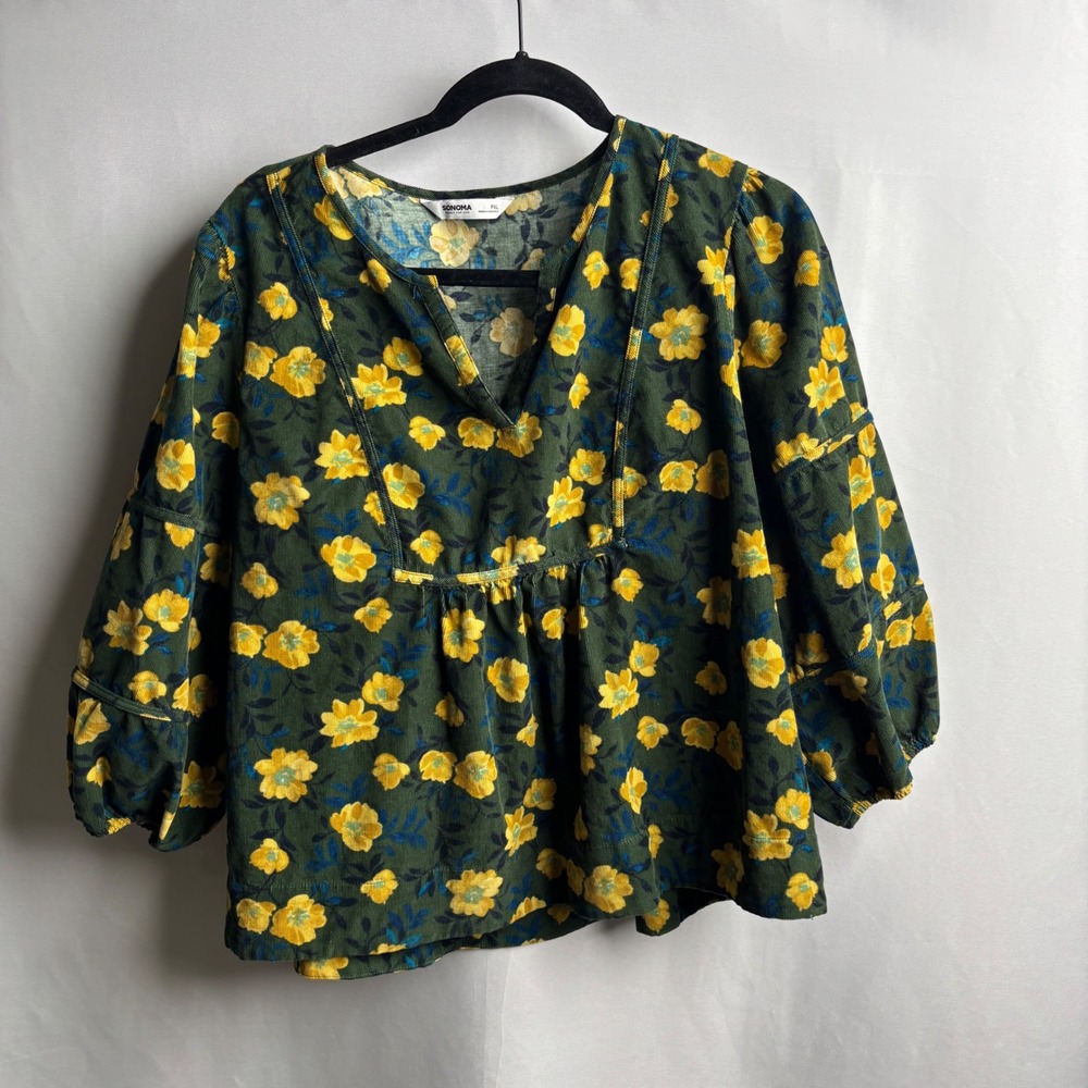 Womens Green Yellow Floral Corduroy Peplum Top PXL Cotton Boho Prairie Fall Crop